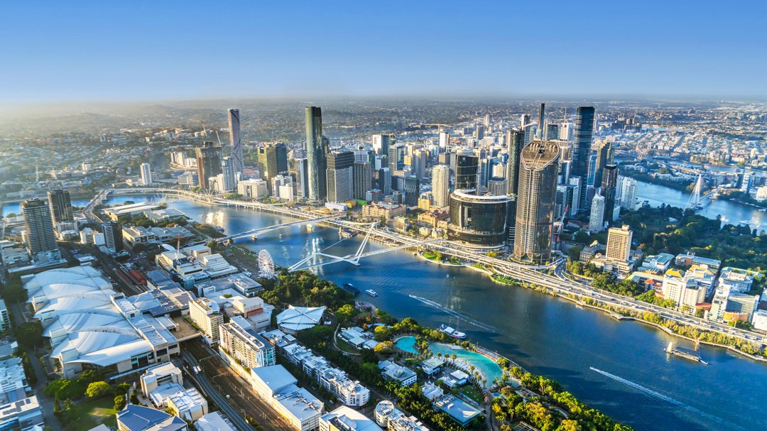 Aerial view of Brisbane’s South Bank and Queen’s Wharf
